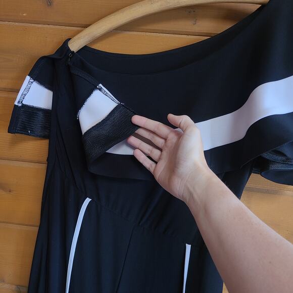 Frank Lyman Jumpsuit Wide Leg One Shoulder Ruffle Black White Size 6 Prom Formal - Picture 5 of 8